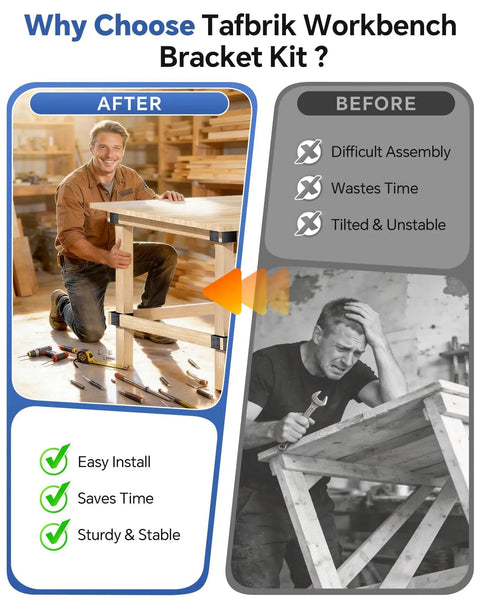 Comparison image showing benefits of Tafbrik Workbench Bracket Kit before and after assembly, highlighting easy install and stability.