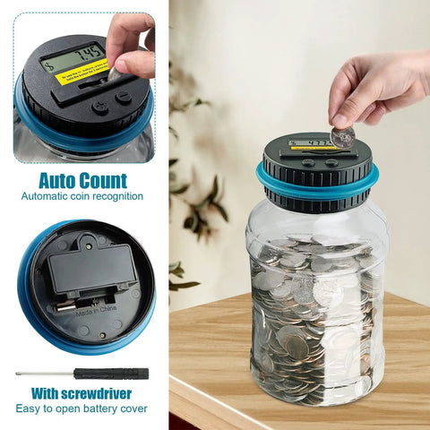 Digital Coin Jar For Saving Cash And Stashing Change, 1.8L Large Piggy Bank With LCD Counter Counts 800-1000 US Coins, with screwdriver