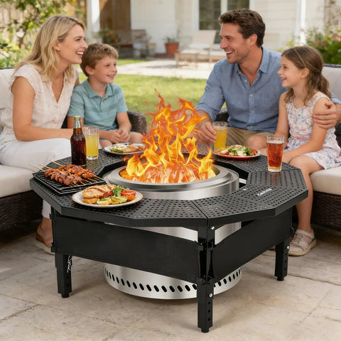 Family enjoying meal around Fire Pit Table Surround With 360 Degree Safety Barrier Built Tough In Heavy Duty Steel for campfire tables.
