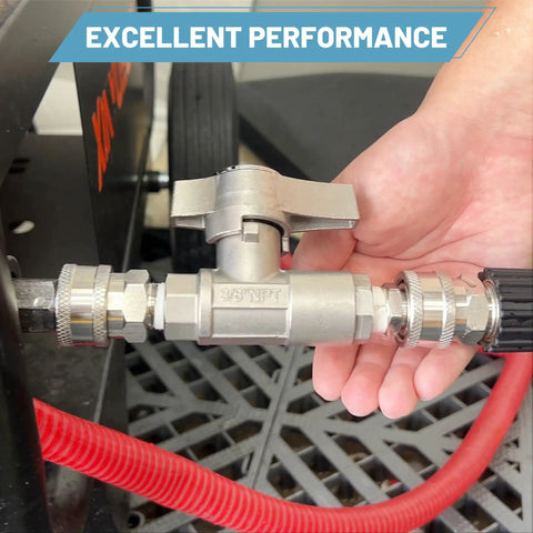 Beefy 3/8 Inch Quick Connect Ball Valve Kit for pressure washer hose in use, stainless steel shut off valve up to 5000 PSI