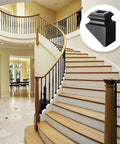 Elegant staircase with 24 Pack Iron Baluster Shoes For One Half Inch Square Railings, satin black finish, shown inset.