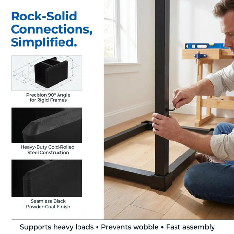 Person installing Heavy-Duty Black Right Angle Furniture Brackets Set 10 Pack For Steel Frame Shelves Cabinets And DIY Projects.