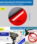 Diagram showing Four Pack 2.2 Inch Round Double Sided Adhesive Pads For Dash Cams and GPS Mounts with adhesion promoter kit