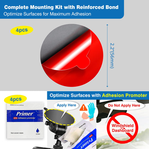 Diagram showing Four Pack 2.2 Inch Round Double Sided Adhesive Pads For Dash Cams and GPS Mounts with adhesion promoter kit