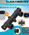 Sensor valve 595926 for hot water recirculation systems; black plastic T-fitting, front view