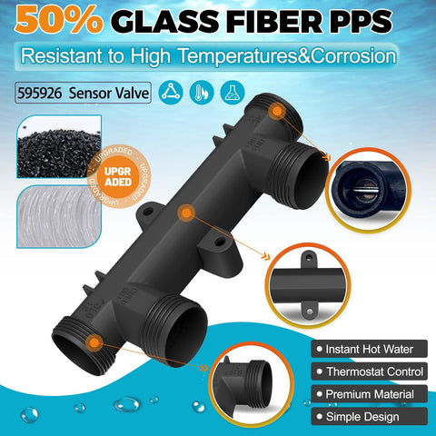 Sensor valve 595926 for hot water recirculation systems; black plastic T-fitting, front view