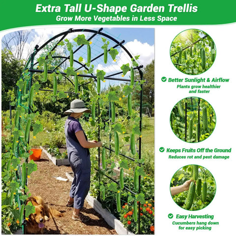 Person tending plants on a Tall Garden Arch Trellis for Climbing Plants, 7 Ft Metal Walk-Through Archway With Adjustable Base 34 to 42 in