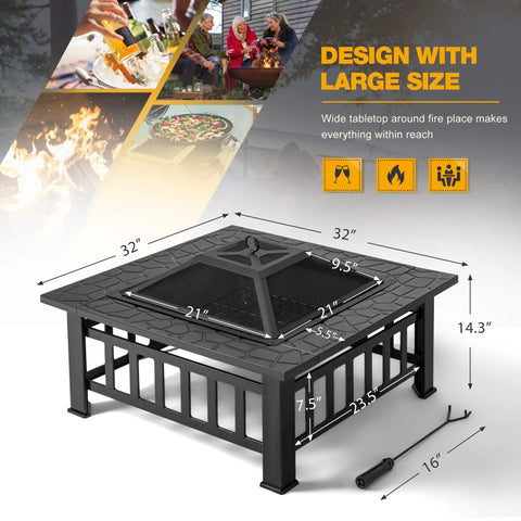 32 Inch Fire Pit Table Metal Outdoor Fire Pit With Waterproof Cover For Patio And Camping Black 3 In 1 Design with measurements