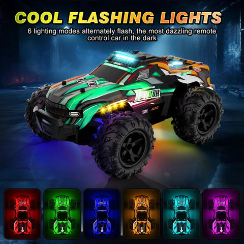 All Terrain One Sixteenth Scale RC Monster Truck With LED Lights, Rechargeable Battery, displaying six color lighting modes