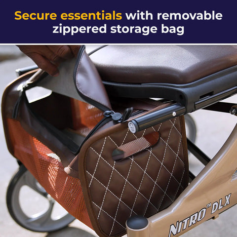 Slick Folding Rollator Walker With Super Comfy Padded Seat And Reliable Hand Brakes Butter Smooth Ten Inch Wheels Aluminum Frame Built Tough, showing removable zippered storage bag.