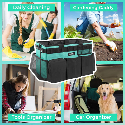Wearable Cleaning Caddy Organizer With Handle And Adjustable Straps in use for daily cleaning, gardening, tools, and car organization.