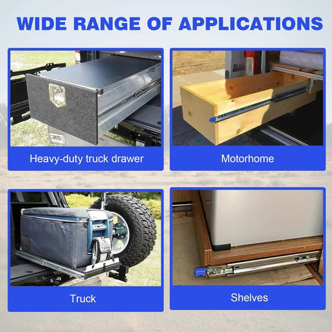 Beefed Up 500 Lb Drawer Slides, 72 To 80 Inch Full Extension With Automatic Lock, Steel Ball Bearing Rails For Smooth Glide, Built Tough For Cabinets, Tool Chests, Vans And RVs used in truck, motorhome and shelf drawers