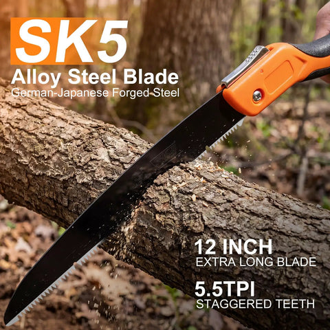 Built Tough As Nails 12 Inch Folding Hand Saw Featuring Durable High Manganese Steel Teeth For Quick Tree Trimming And Garden Pruning Lightweight Camping Gear That Truly Slays cutting through a log.