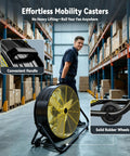 Heavy Duty High Velocity Drum Fan Pumping Out Serious Chill For Garage Shop Warehouse And Patio With Badass 8800 CFM Airflow And Three Speed Settings with convenient handle and solid rubber wheels in warehouse.