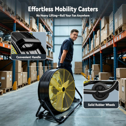 Heavy Duty High Velocity Drum Fan Pumping Out Serious Chill For Garage Shop Warehouse And Patio With Badass 8800 CFM Airflow And Three Speed Settings with convenient handle and solid rubber wheels in warehouse.