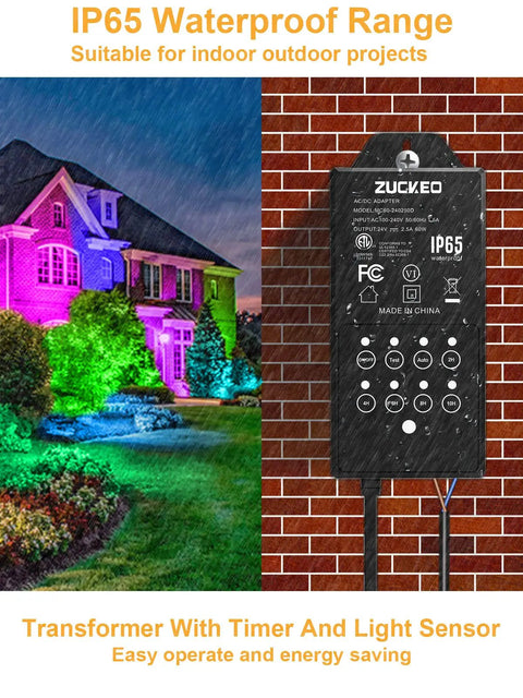 Low Voltage RGB Landscape Lights With Timer Transformer And Connector showing IP65 waterproof feature for outdoor use
