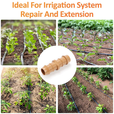 Copadri 25-piece drip irrigation fittings set, tan 1/2-inch barbed couplers for 5/8" tubing; collage showing installed irrigation lines.