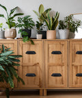 Wooden cabinet with Cast Iron Bin Pulls Set Of 10 3.5 Inch Drawer Pulls Vintage Black Cabinet Handles, potted plants on top.