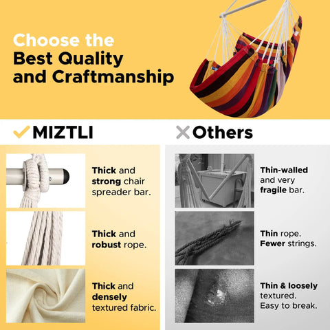 Heavy Duty Hammock Chair With Two Cushions And Protective Waterproof Cover comparison of materials with steel spreader bar.