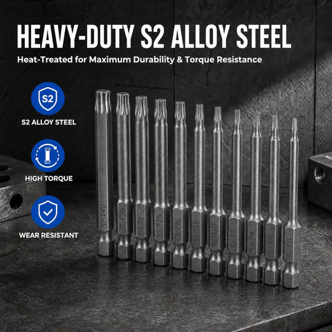 Magnetic Torx Security Bit Set, 11 Piece S2 Steel Drivers T6 To T40, 3 Inch Long Sandblasted Finish on durable bits.