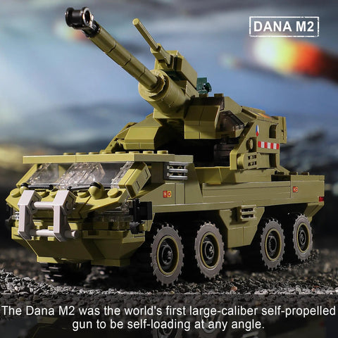 Military Vehicle Building Kit Dual M142 HIMARS And Dana M2 Howitzer Army Truck Models with poseable wheels, shown built and detailed