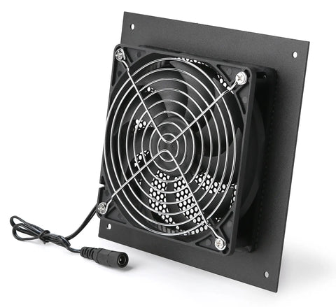 Ultra Quiet 120mm Cabinet Fan System with Power Adapter and 10 Speed Control, black fan on metal panel, 6.3 by 6.3 inches
