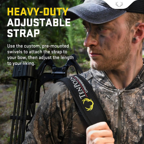 Hunter with Neoprene Crossbow Sling with 1.25 Inch Adjustable Shoulder Strap and Thumb Loop Non Slip Grip in forest