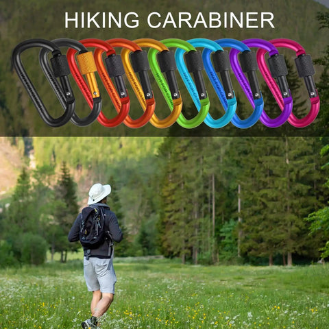 10 Pack Aluminum D Ring Key Rings Clips Locking Carabiners For Camping Fishing And Outdoor Use With Screw Gate Multicolored Finish