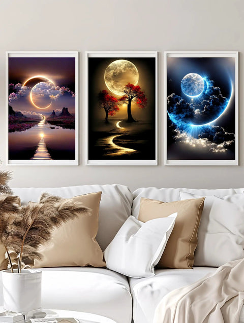 Three framed landscape 5D diamond paintings above a sofa, part of Six Pack Diamond Art Kits For Adults Landscape 5D Diamond Painting Set.