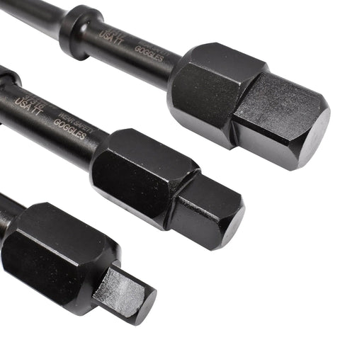 Pneumatic bolt breaker bits, 3-piece set, black metal, close-up view.