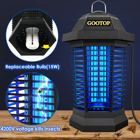 Outdoor Bug Zapper That Actually Works 4200V Electric Mosquito Killer with 3 Prong Plug, black ABS housing, UV light attractant