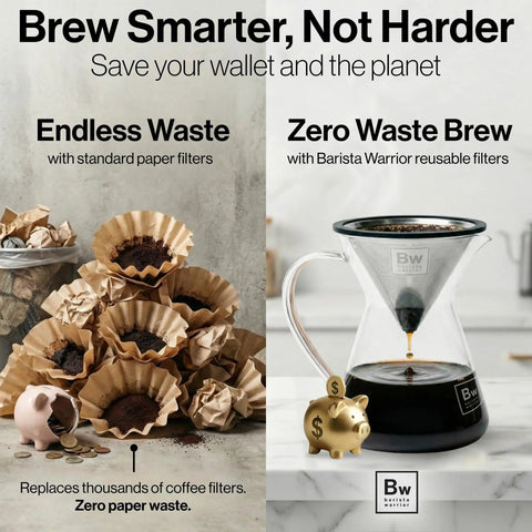 Comparison of disposable paper filters and reusable stainless steel pour over coffee filter for Chemex, Hario V60 and drippers.