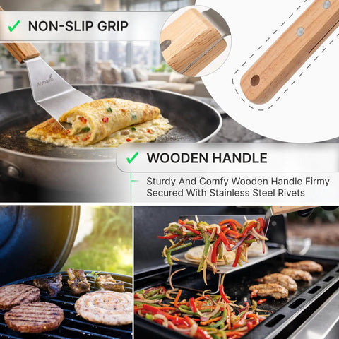 Stainless Steel Spatula Set For Griddle And Teppanyaki Long Spatulas Griddle Scraper Pancake Flipper with wooden handles in use.