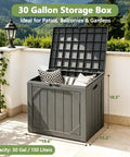 30 Gallon Storage Box on patio with open lid showing cushions, suitable for patios, balconies, and gardens.