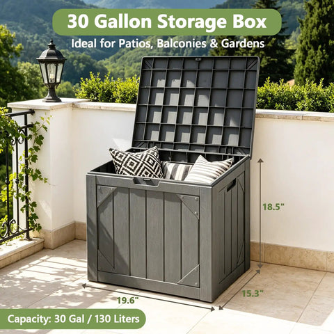 30 Gallon Storage Box on patio with open lid showing cushions, suitable for patios, balconies, and gardens.