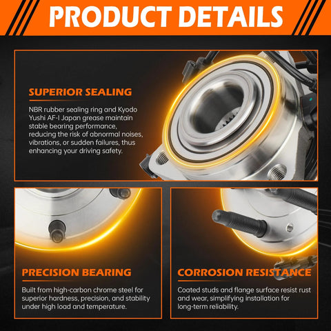 4WD Front Wheel Hub Bearing Assembly With ABS For Chevrolet Silverado Tahoe Suburban Avalanche Express 1500 6 Lug Fits GMC Yukon Sierra Savana Front Left Or Right Truck Grade 515036, close-up view with superior sealing and corrosion resistance features highlighted