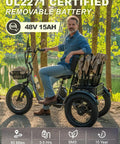 Creek Folding Electric Tricycle for Adults With Passenger Seat and Backrest, 1000W E Trike Reaches 20 MPH, Up to 80 Miles, Fat Tire 3 Wheel Electric Bike, Reverse, Parking, Differential, Gray, rider seated