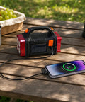Solar Handheld Flashlight With Four Lighting Modes Rechargeable LED Work Light USB C Enabled charging phone outdoors on table