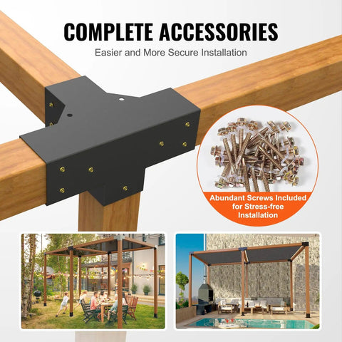 Four Way 4x4 Pergola Brackets Heavy Duty Tough As Nails Corner Brackets mounted on wood beams with screws, outdoor gazebos.