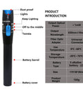 SinLoon visual fault locator pen with black body, blue switch and blue lens tip for 2.5 mm fiber optic connectors.
