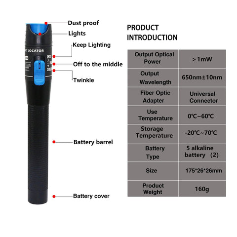 SinLoon visual fault locator pen with black body, blue switch and blue lens tip for 2.5 mm fiber optic connectors.