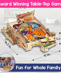 DIY Pinball Machine For Kids 8 To 14, Arcade Grade, No Screen STEM Toy, tabletop view, family playing in background, dimensions shown