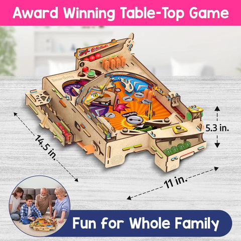 DIY Pinball Machine For Kids 8 To 14, Arcade Grade, No Screen STEM Toy, tabletop view, family playing in background, dimensions shown