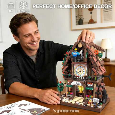 Cuckoo Clock House Building Set Compatible With Lego Real Working Clock And Rotating Waterwheel Mechanical Linkage Big House Build Kit For Adults And Kids Ages 8 To 12 1909 Pieces Epic Birthday Gift, man assembling house clock