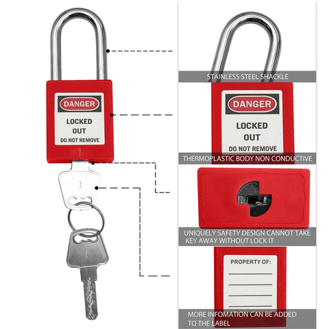 Lockout Tagout Kit With Ten Padlocks And Tags Key Alike One Through Ten OSHA Safety Locks In Durable Steel and Keys Shown