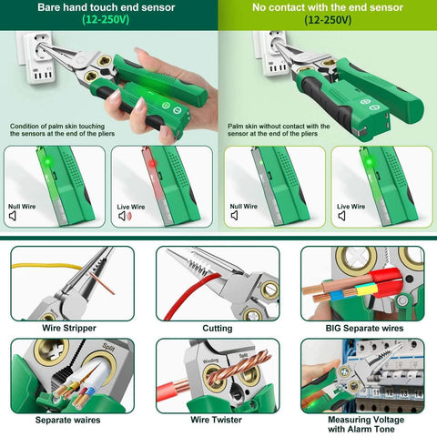 Eight In One Wire Crimping And Stripping Tool With Voltage Detector And Dual Alarms shown detecting voltage and stripping wires