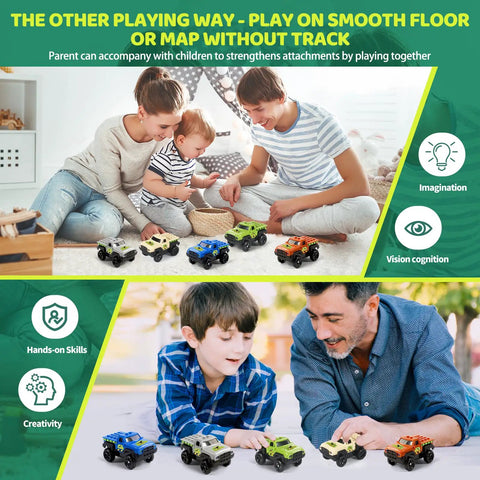 Children playing with Glow In The Dark Track Cars 5 Pack With Three Flashing LED Lights Car Track Accessories indoors and outdoors