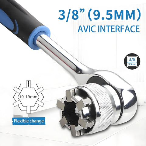 Front view of Abruga universal 3/8-inch drive socket sleeve adapter, adjustable 10–19 mm, chrome with blue grip