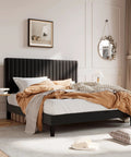 Queen Upholstered Platform Bed Frame With Adjustable Headboard Built Heavy Duty Featuring Dead Silent Wooden Slats For Rock Solid Support Plus Luxe Black Velvet Upholstery in cozy bedroom setting.