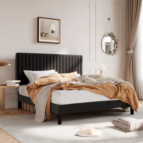 Queen Upholstered Platform Bed Frame With Adjustable Headboard Built Heavy Duty Featuring Dead Silent Wooden Slats For Rock Solid Support Plus Luxe Black Velvet Upholstery in cozy bedroom setting.